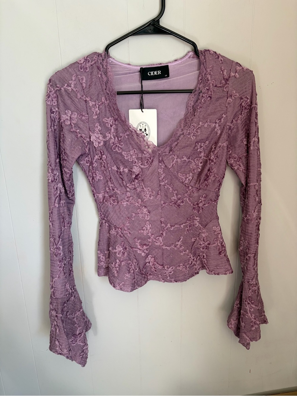 Cider Mauve Floral Lace Peplum Long Sleeve Top